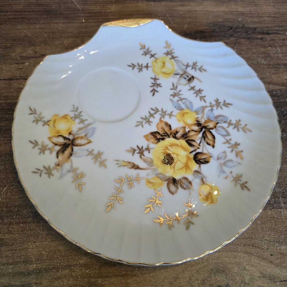 Vintage Porcelain Snack Shell Shaped Plate Yellow Floral Gold Trim Made in Japan